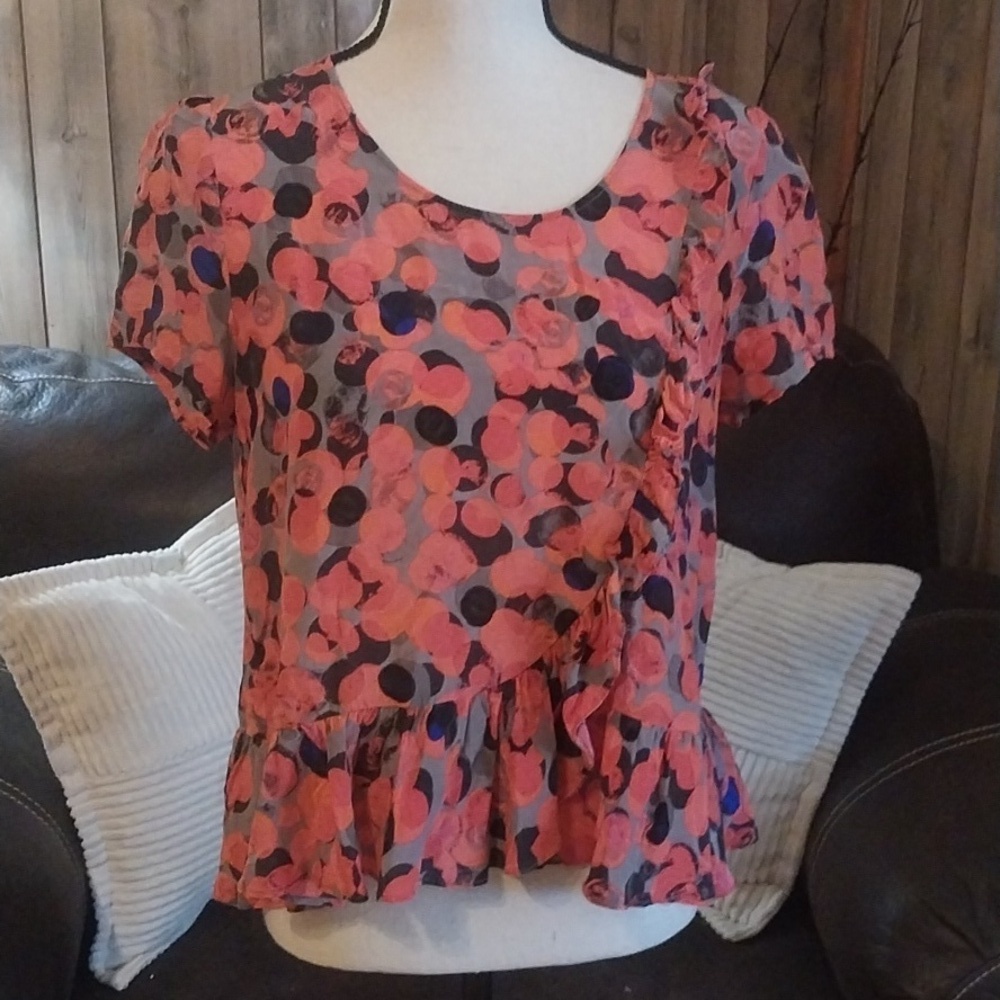 Anthropologie HD IN PARIS Silk Spotted Ruffle Flounce Peplum Short Sleeve - Picture 3 of 9